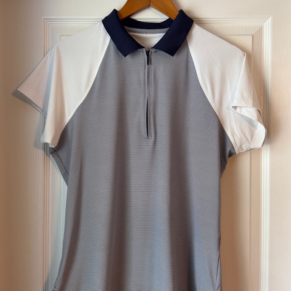 Perer Miller Golf. Striped Polo Shirt with Navy Collar